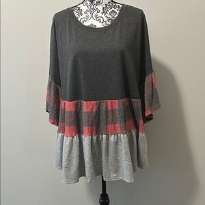 Woman’s Gray and Red Plaid Women's Babydoll Top with 3/4 bell sleeves